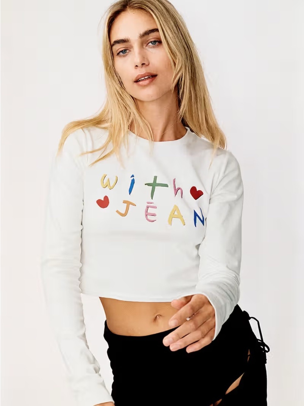 With Jean White Long-Sleeve Cropped Graphic Tee Size Medium